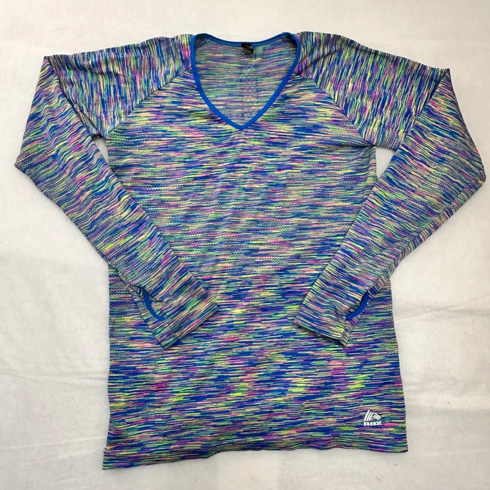 RBX Womens Blue Space Dye V-Neck Long‎ Sleeve Activewear Top Thumbholes Large